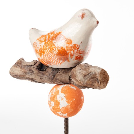 Détail Oiseau socle orange et blanc - Le Jardin de la Terre